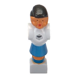 A small statue of a woman with blue skirt and white shirt.