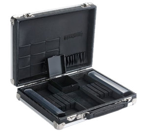 A black case with many compartments and an open lid.