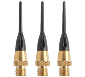 A set of three black and gold darts.