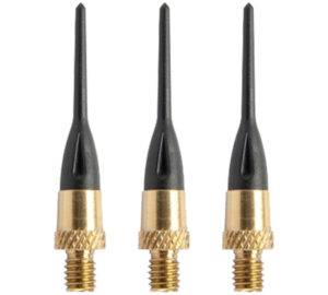 Three black and gold plastic needles with a white background
