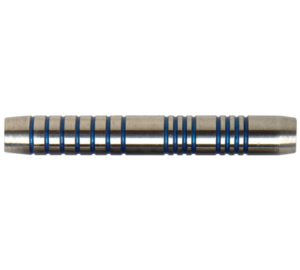 A close up of a metal stick with blue stripes.