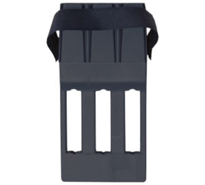 A black plastic bag with three batteries in it.