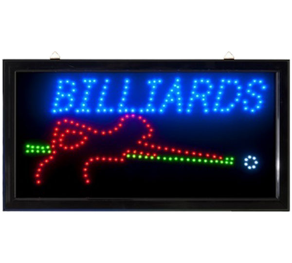 A neon sign that says billiards with a picture of a pool table.