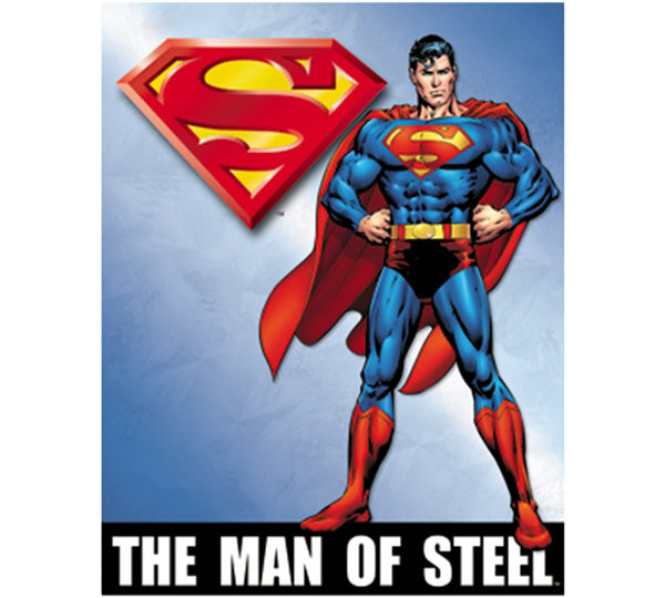 A man of steel poster with superman on it.