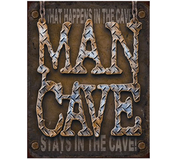 A man cave sign with metal letters on it.