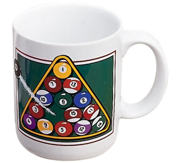 A coffee mug with a pool table and balls on it.