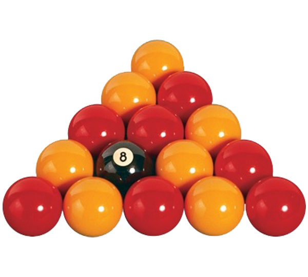 A pyramid of red and yellow balls with an eight ball in the center.