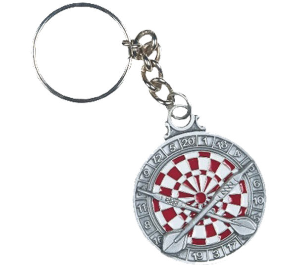 A key chain with a red and white target on it.