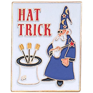 A hat trick pin with wizard and pot of gold.