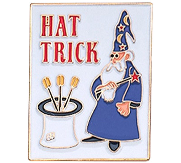 A hat trick pin with wizard and pot of gold.