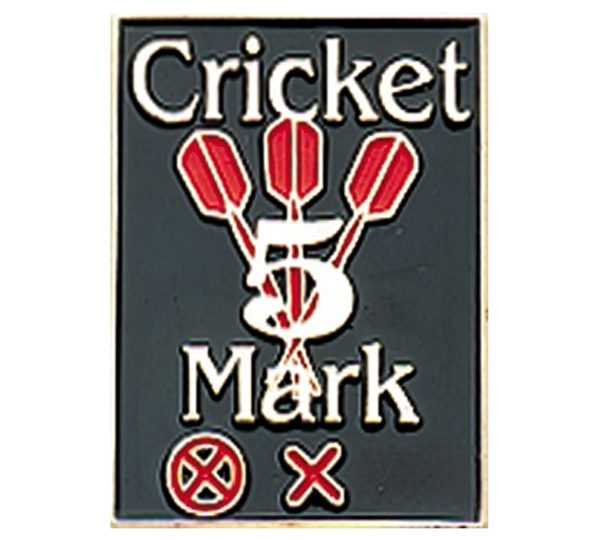 A black and red pin with the words " cricket 5 mark ".