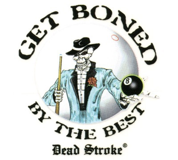 A logo of a man holding a pool cue.