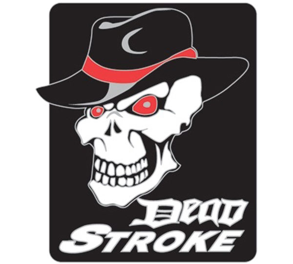 A skull wearing a hat and the words dead stroke