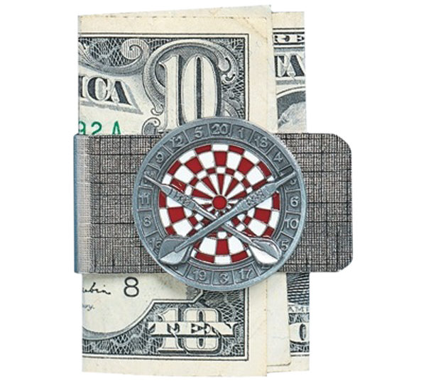 A money clip with a picture of a dollar bill and a darts board.