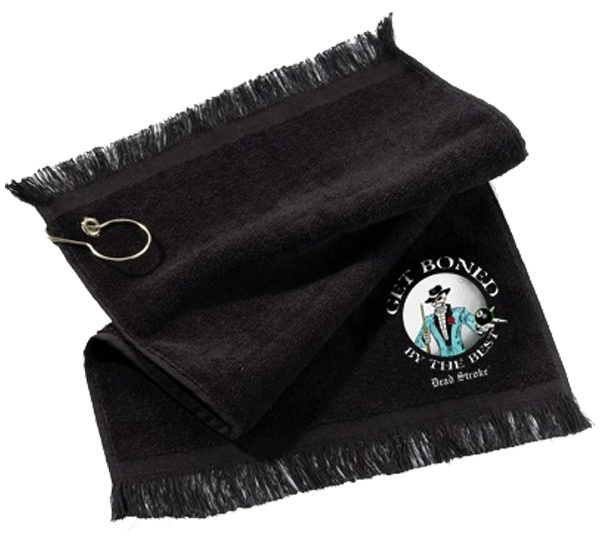 A black towel with a logo on it