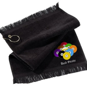 A black towel with a keychain attached to it.