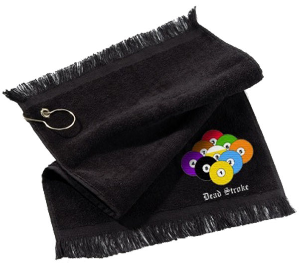 A black towel with a keychain attached to it.