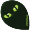 A black and green shaped dart board with two eyes.